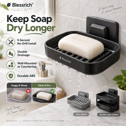 🧼✨ Wall-Mounted Soap Dish – 50% OFF! 5-second install, double drainage, no drilling – keeps soap dry & lasts longer. 💪