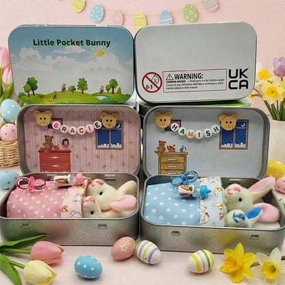 🐇 62% OFF! 🐇 Bunny Mummy & Baby Plush Pocket Tin – Handmade Easter Collectible with Cozy Blanket (Pink/Blue Ears) 🐇🎁