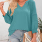 ⏰Limited time sale 50% Off!!🔥🔥Womens 3/4 Lantern Sleeve Casual V-Neck T-Shirts Pleated Loose Hollow-Out Blouse