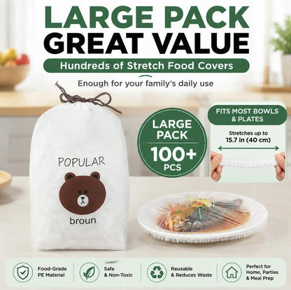📢📢【Limited Offer – 50% OFF】🔥 100pcs Disposable Stretch Film for Bowls & Plates, Elastic Container Lids, Plastic Wrap Alternative for Leftovers, Fruit, Vegetables & Kitchen Food Storage