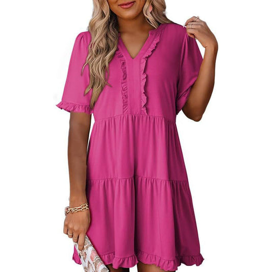 🔥🌈2026 Summer Hot Sale 60% OFF🌈Women's V Neck Ruffle Casual A-Line Flowy Swing Shift Dress