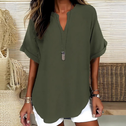 👚50% OFF! 🔥Fashion Loose Short Sleeve Top – Notched V-Neck, Asymmetrical Hem & Lightweight Fabric (5 Colors, S–2XL) 👕🌸