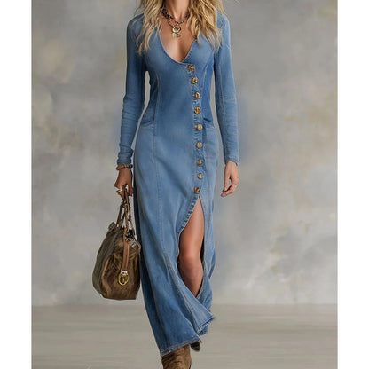 💎 68% OFF! 💎 Women's Long Sleeve V-Neck Maxi Dress – Soft Fabric, Bodycon Fit & Elegant High Slit 👗✨
