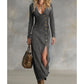 💎 68% OFF! 💎 Women's Long Sleeve V-Neck Maxi Dress – Soft Fabric, Bodycon Fit & Elegant High Slit 👗✨