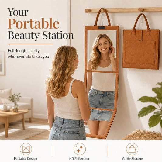 🥳50% OFF NOW! Portable Folding Full-Length Mirror‑HD Foldable Travel Body Mirror with Storage Bag, Wall Hanging Vanity Mirror for Dorm & Travel