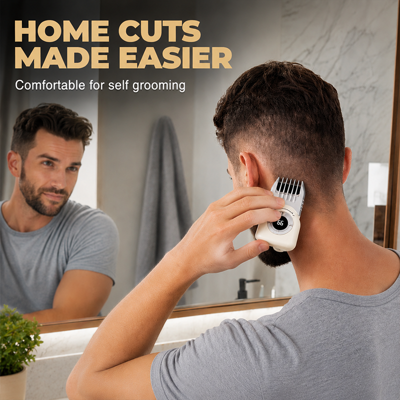 Man trimming his own hair at home