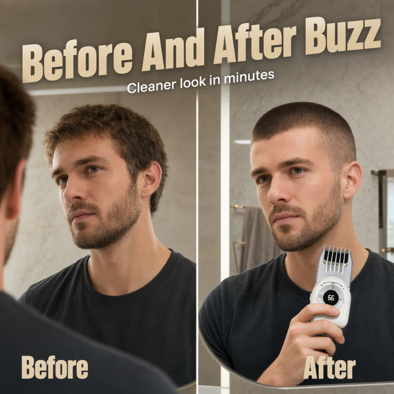 Before and after buzz cut with cordless hair trimmer