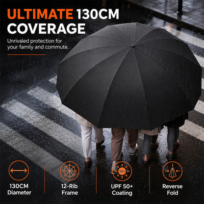 ☂️50% OFF NOW! Extra-Large Folding Umbrella – 130cm 12-Rib Windproof Reverse Fold Umbrella, UPF50+ Sun Protection Oversized Umbrella for Family Commute & Outdoor